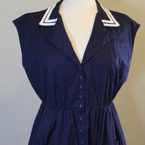 Torrid Sailor Swing Dress plus size 0 Navy white trim elastic waist button down